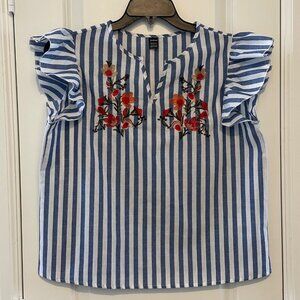 Blue & White Striped Floral Embroidered Ruffle Sleeve Blouse Womens Large Shein